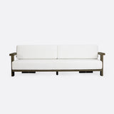 Canapé d'extérieur PANJANG 3/4 places en bois de teck 260 x 82 x 62 cm en finition patinée et textile blanc