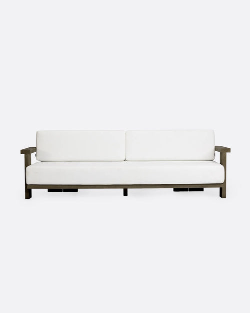 Canapé d'extérieur PANJANG 3/4 places en bois de teck 260 x 82 x 62 cm en finition patinée et textile blanc
