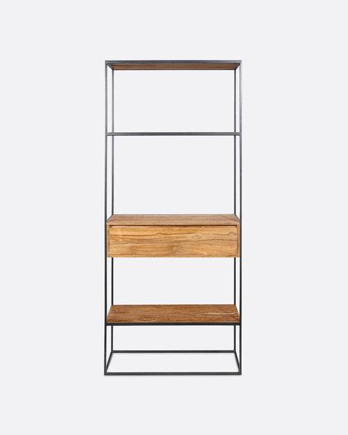 Estantería ONETWO de madera de teca reciclada y hierro con cajón 80 x 30 x 195 cm