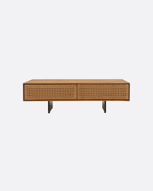 Mueble de TV CORA de madera de teca reciclada y cuerda de papel 160 x 40 x 49 cm