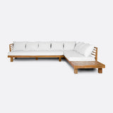 STRAUSS 4-seater outdoor sofa right corner in recycled teak and olefin wood 304 x 252 x 67 cm in white upholstery