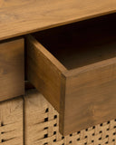Aparador CORA de madera de teca reciclada y cuerda de papel 220 x 45 x 82 cm con patas de hierro