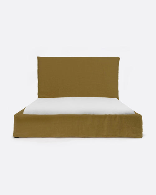 Cama BEETHOVEN para colchón 160 x 200 cm y funda de lino en color mostaza