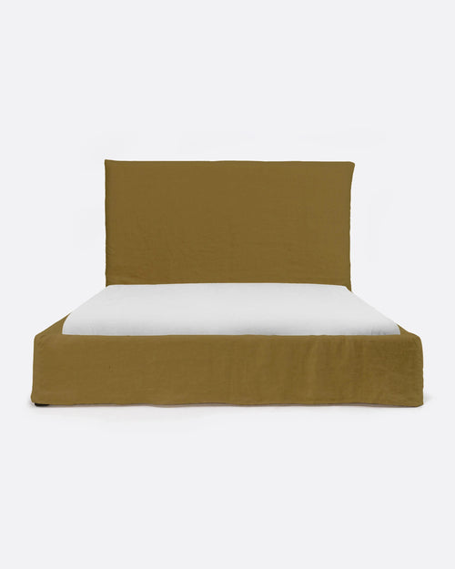 Cama BEETHOVEN para colchón 180 x 200 cm y funda de lino en color mostaza