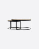 Mesa auxiliar nido RENGAR de hierro y piel. Set de dos unidades Ø 90 x 41 cm de altura y Ø 60 cm x 36 cm de altura