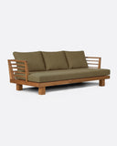 Sofá de exterior STRAUSS 3 plazas en teca natural y olefina, 214 x 84 x 67 cm, con tapizado color arena (Sand)