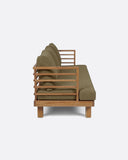 Sofá de exterior STRAUSS 3 plazas en teca natural y olefina, 214 x 84 x 67 cm, con tapizado color arena (Sand)