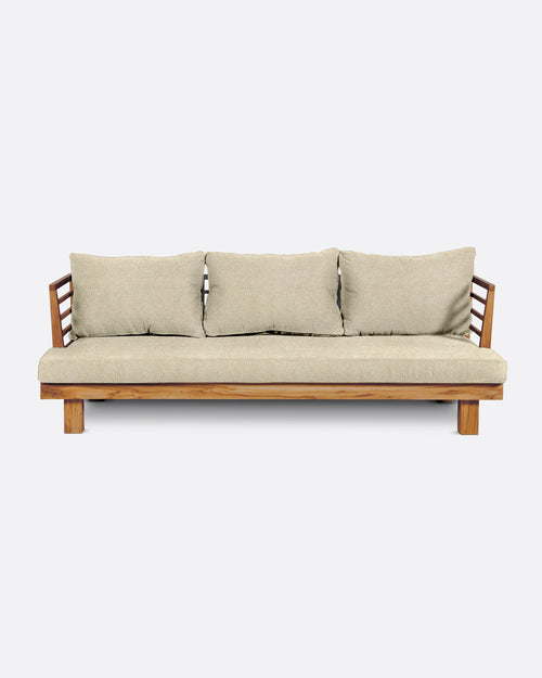 Canapé d'extérieur STRAUSS 3 places en teck naturel et oléfine, 214 x 84 x 67 cm, avec tapisserie couleur ivoire (Ivory)