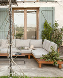 Sofá de exterior STRAUSS 4 plazas rinconero derecho de madera de teca reciclada y olefina 304 x 252 x 67 cm en tapizado natura