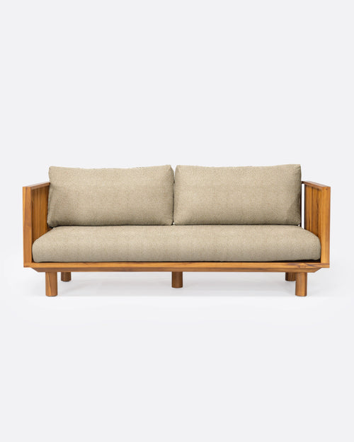 Canapé d'extérieur TOPRAK 2 places en teck naturel et oléfine, 180 x 82 x 77 cm, avec tapisserie couleur ivoire (Ivory)