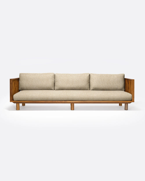Canapé d'extérieur TOPRAK 3 places en teck naturel et oléfine, 260 x 82 x 77 cm, avec tapisserie couleur ivoire (Ivory)