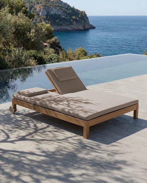 GENESIS outdoor sunbed in teak wood 201 x 139 x 27 cm with a sand-coloured mattress
